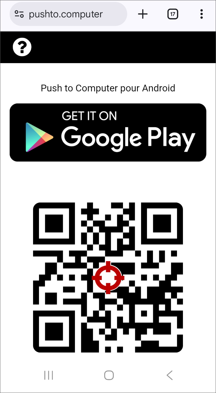 Push to Computer website on Android, with button to install via Google Play Store